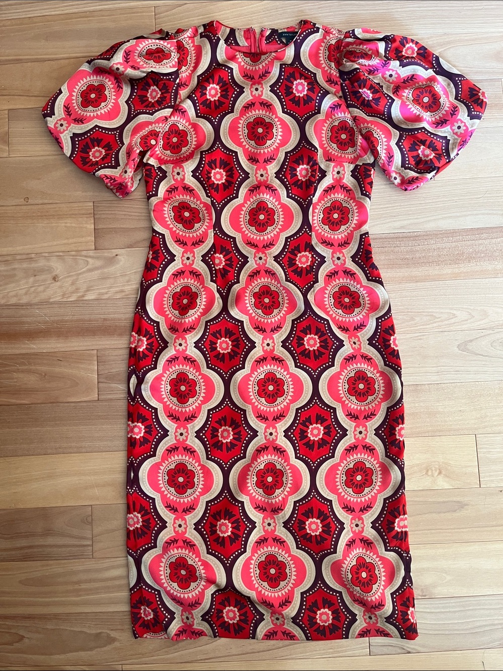 Ann Taylor Red Pink Geometric Puff-Sleeve Midi Dress